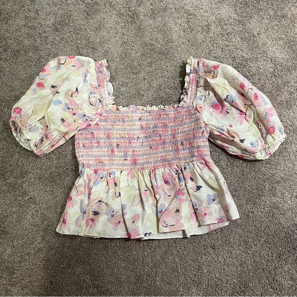 Something Navy Peplum Top Size Medium Floral Puff Sleeve